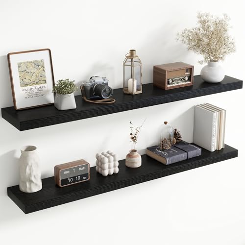 55 Inch Floating Shelves for Wall, 8 Inch Deep, Invisible Brackets, Black | Rustic Wall Mounted Shelf, Storage & Display, Wooden Shelves for Living Room, Kitchen, Bathroom and Home Decor, Set of 2 - color: Black, size: 55 Inch, Set of 2