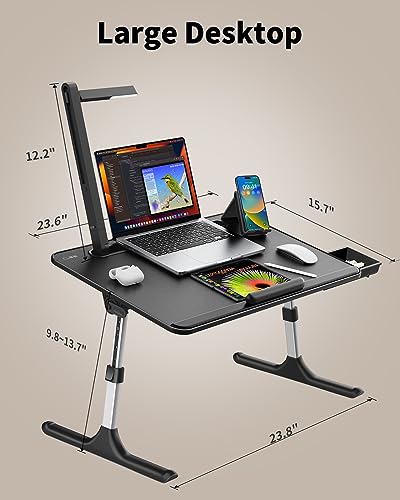 Laptop Table with LED Desk Light, SAIJI Laptop Stand for Bed | Height Adjustments Bed Desk with Book Stand for Reading Writing Drawing (Black) - color: Bed Desk /Led Light