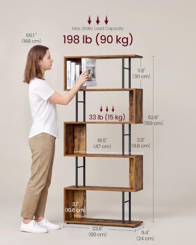 VASAGLE 6-Tier Bookshelf, S-Shaped Wood and Metal Bookcase, Tall Narrow Display Shelf, 23.6 x 9.4 x 62.6 in, for Living Room Storage, Rustic Brown and Matte Black, Barnet Collection ULLS182KD01 - color: Rustic Brown, style: 6-Tier (23.6"W)