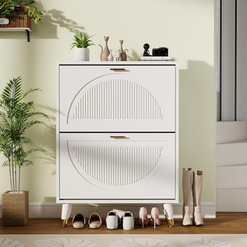 Shoe Cabinet Storage for Entryway: 24" White Slim Shoe Storage Cabinet with 2 Flip Drawers, Narrow Hidden Shoes Storage, Wood Shoes Organizer Cabinets for Hallway (1, 2-Drawers) - size: 2-Drawers