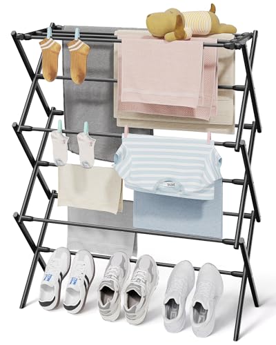 Sakugi Foldable 3-Tier Clothes Drying Rack 37.4" H with Non-Slip Feet | Indoor & Outdoor Use, Space Saving, Metal Frame, 11.4" D x 29.1" W, Black - color: Black, size: 3 Tier Standard