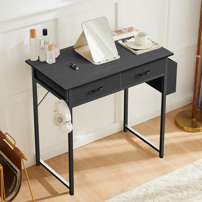 DUMOS 32" Home Office Computer Desk with Drawers, Small Gaming Writing Study Table with Storage Side Bag, Headphone Hook and Adjustable Feet for Bedroom Black | Home Office Desk with Side Bag for Bedroom, Gaming Writing Study Desk with Adjustable Feet - c
