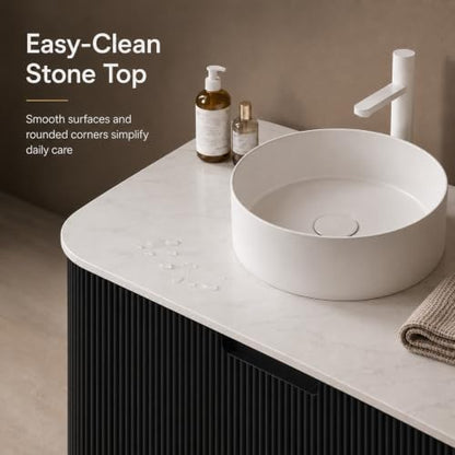24" Floating Bathroom Vanity with Sink, Wall Mounted Plywood Cabinet, Black Fluted Front, Sintered Stone Countertop, White Round Ceramic Vessel Sink, Soft-Close Drawer, Pre-Assembled - color: Black Cabinet / White Sink, size: 24 Inch