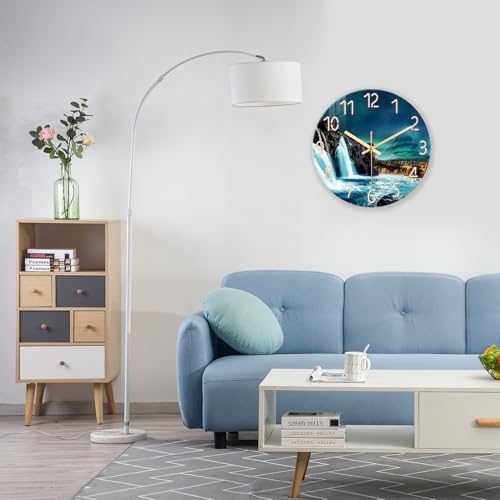 XNM 14 Inch Glass Kitchen Clocks Wall Battery Operated | Teal Wall Clock for Living Room Bedroom Kitchen Decorative Natural Landscape Quiet Clock Analog - color: Teal 10, size: 14 Inch
