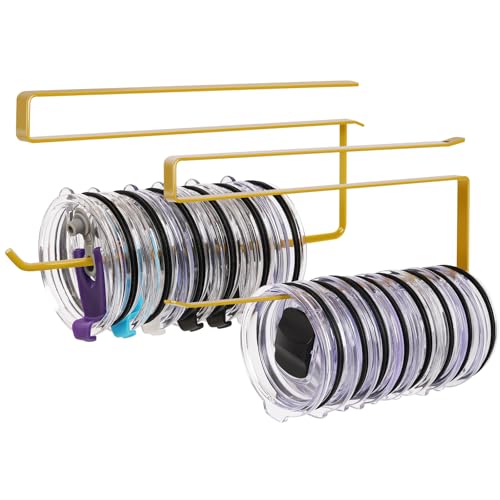 2 Pack Tumbler Lid Organizer, Versatile Storage Holds 20 Lids, Round&Flat | Space Saving Cup Lid Organizers Inside Cabinet Tumbler Lid Hook for Pantry Kitchen Organizer, Paper Towel Rack Hanger, Gold - color: Gold, size: 2 Pack(Round&Flat)