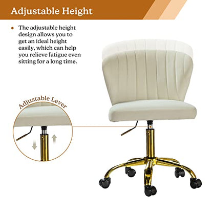 TINA'S HOME Office Desk Chairs with Wheels & Gold Base, Modern Velvet Cute Armless Office Chair, Adjustable Low Back Swivel Rolling Chair, Upholstered Task Chair for Living Room Vanity Study-Ivory | Modern Velvet Cute Armless Office Chair, Adjustable Low