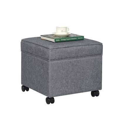 17" Square Storage Ottoman with Wheels, Upholstered Linen Movable Cube Footrest & Extra Seat with Flip Top for Living Room, Bedroom, Dark Grey - color: Dark Grey With Wheels