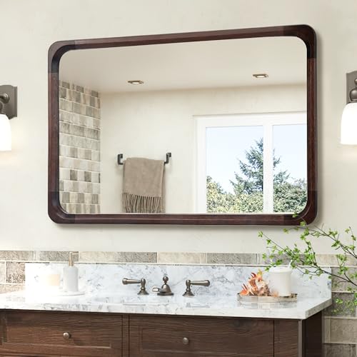 Black Walnut Wood Rustic Bathroom Mirror 26 x 40 Inch for Wall | Tempered Glass, Rounded Corner Design, Horizontal & Vertical Mount, Dark Farmhouse Decor for Bathroom Bedroom Entryway - color: Dark Brown, size: 40"L x 26"W