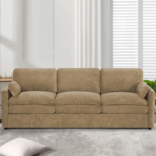 89" Chenille 3 Seats Sofa with 2 Pillows, Camel | Modern Upholstered Sofa with Deeper Seats, Comfy Sofa with Thickened Cushions for Living Room, Apartment - color: Camel, size: Sofa