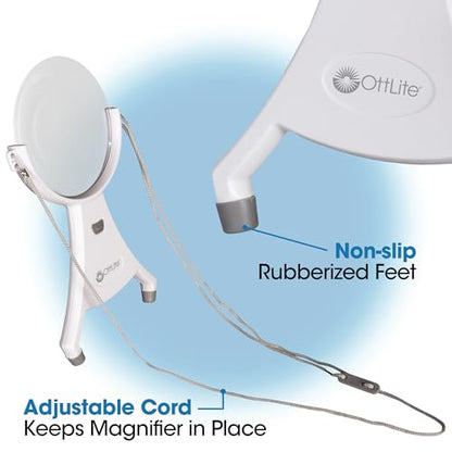 OttLite 4-Inch Hands-Free LED Magnifier, White | 1.5x Optical Acrylic Lens | 4.25x Spot Viewer | LED Illuminated | Adjustable Neck Cord