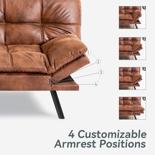 Futon Sofa Bed Convertible Couch, Brown Faux Leather Sofa Bed | Adjustable Backrest & Armrests, Multifunctional Small Loveseat Sleeper Sofa for Living Room, Apartment, Office, Foam Couch - color: A4 | Brown