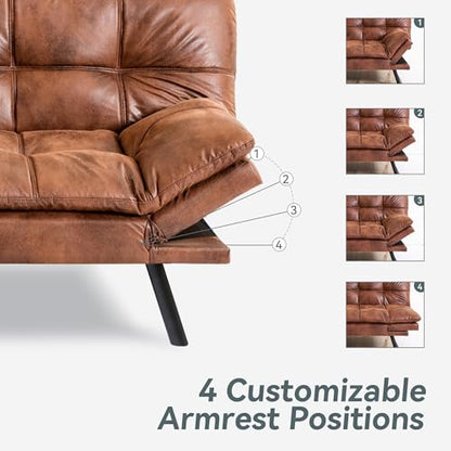 Futon Sofa Bed Convertible Couch, Brown Faux Leather Sofa Bed | Adjustable Backrest & Armrests, Multifunctional Small Loveseat Sleeper Sofa for Living Room, Apartment, Office, Foam Couch - color: A4 | Brown