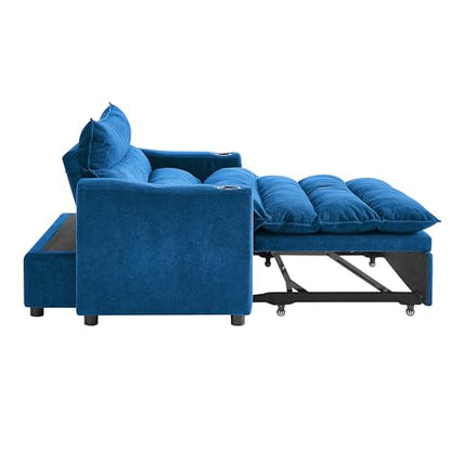 SLEERWAY 3 in 1 Convertible Sleeper Sofa Bed, 36.14" W Easy Pull Out Chair Bed with Dual Cup Holders, Comfy Thick Padding Futon Love Seat with Adjustable Backrest for Living Room Small Space (Blue) - color: Blue, size: 36.14"