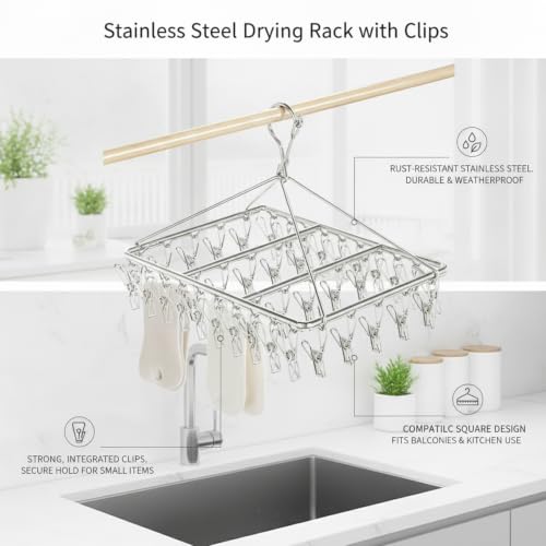 17.72 x 11.65 Inch Stainless Steel Drying Rack with Clips, Compact Laundry Organizer for Balcony or Kitchen Sink