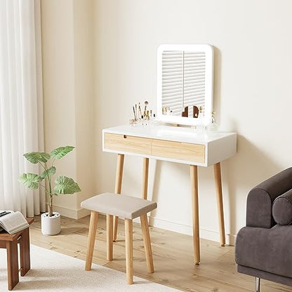 YOURLITE Makeup Vanity Desk with Lighted Mirror & Stool | 31.5" Makeup Table, 3 Lighting Modes, Adjustable Brightness, 2 Drawers, Cushioned Stool, Square Mirror - size: 31.5", style: Square Mirror Wooden