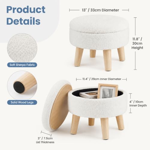 Simple Deluxe 13" Round Storage Ottoman with Wooden Legs & Dual-Use Tray Lid, Fluffy Teddy Boucle Ottoman Footstool for Bedroom, Living Room & Vanity, Beige - color: Beige