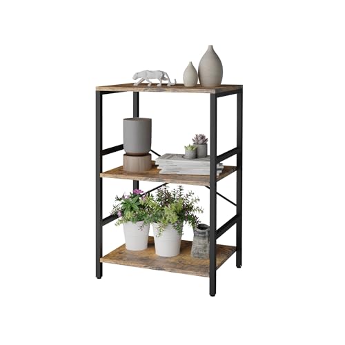 Whitmor 3 Tier Bookshelf - Small Book Shelf Industrial Bookcase, Metal Book Case Book Storage Organizer for CD/Movie/Book, Bookshelves for Bedroom Office Living Room Berry Brown