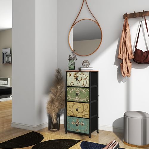 Small Dresser for Bedroom with Retro Flower Narrow Drawers Slim Chest of Drawers Skinny Nightstand Sofa End Table for Living Room Entryway Closet Storage (Multi, 4 Drawers) - size: 11.8"D x 16.5"W x 36.8"H (4 Drawers)