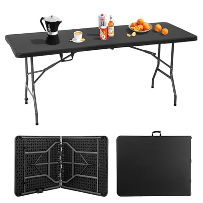 6FT Folding Table, Heavy Duty Plastic Table Portable Fold-in-Half Utility Table Indoor Outdoor Picnic Table w/Handle & Lock for Camping BBQ Party Wedding Market Events, Black - size: 6FT-Black