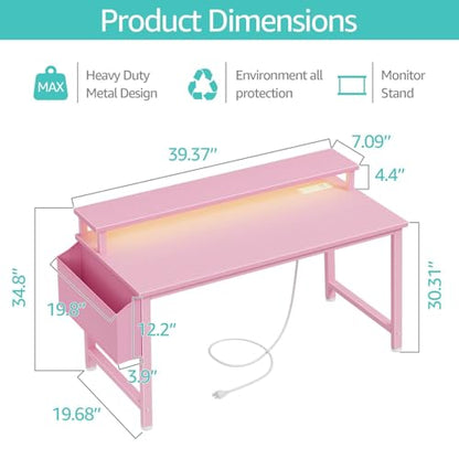 Lufeiya Girls Desk with Power Outlets and LED Lights, 40 Inch Gaming Desk Table with Charging Station, Home Office Computer Desks with Monitor, Pink - color: Pink, size: 39.4"