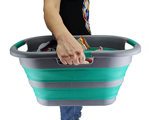 SAMMART 30L (7.9 gallon) Collapsible Plastic Laundry Basket - Foldable Pop Up Storage Container/Organizer - Portable Washing Tub - Space Saving Hamper/Basket (1, Dark Grey/Bluish-Green) - color: Dark Grey/Bluish-Green