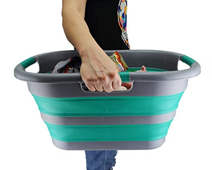 SAMMART 30L (7.9 gallon) Collapsible Plastic Laundry Basket - Foldable Pop Up Storage Container/Organizer - Portable Washing Tub - Space Saving Hamper/Basket (1, Dark Grey/Bluish-Green) - color: Dark Grey/Bluish-Green