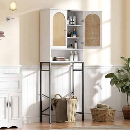 Befrases Rattan Over Toilet Storage Cabinet with Metal Stand | Bathroom Organizer with Adjustable Shelf, Tall Freestanding Washer Shelf, Small Cupboard, Space Saver, White - color: Rattan Door-white