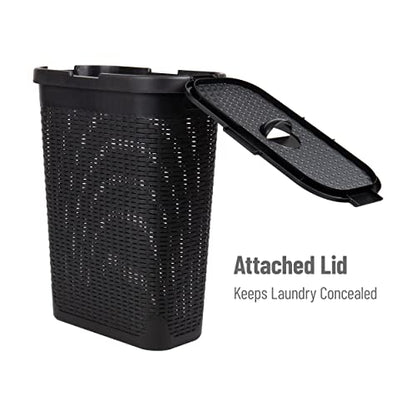 Mind Reader Slim Laundry Hamper with Lid, 40L Clothes Basket, Narrow Tapered Design with Ventilated Cutout Pattern, Plastic, Black - color: Black, size: Single