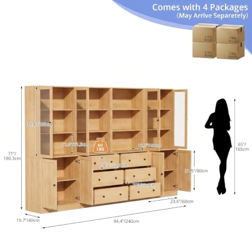TUSY 71" H Bookshelf with Storage, Modern Bookcase with Drawer (Wood, AABB) | 6-Tier Bookshelves with 3 Large Drawer, Display Bookcase with Glass Doors, Wooden Curio Cabinet for Home Office, Dining Room - color: Wood