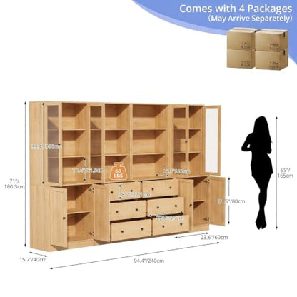 TUSY 71" H Bookshelf with Storage, Modern Bookcase with Drawer (Wood, AABB) | 6-Tier Bookshelves with 3 Large Drawer, Display Bookcase with Glass Doors, Wooden Curio Cabinet for Home Office, Dining Room - color: Wood