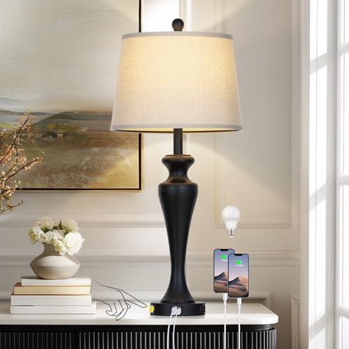 CINSARY 30 Inch Black Table Lamp for Living Room Single, 3-Way Dimmable Touch Control Lamp with USB A+C Ports and AC Outlet, Tall Bedside Lamps, Metal Bedroom Lamps for Nightstand, Bulb Included - color: Black (1 Pack)