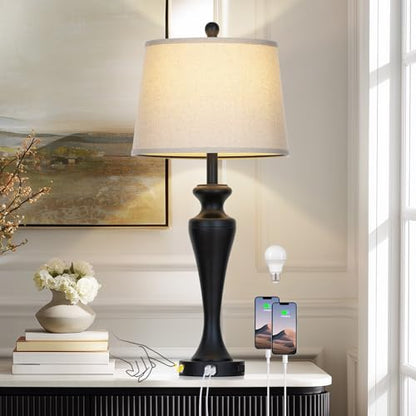 CINSARY 30 Inch Black Table Lamp for Living Room Single, 3-Way Dimmable Touch Control Lamp with USB A+C Ports and AC Outlet, Tall Bedside Lamps, Metal Bedroom Lamps for Nightstand, Bulb Included - color: Black (1 Pack)