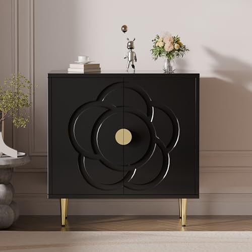 Modern Cabinet with Decorative Flower Pattern Doors - Accent Sideboard Buffet for Hallway, Living Room, Kitchen - Black - color: Black