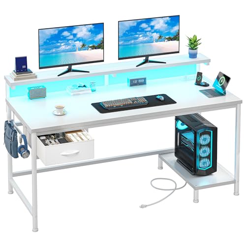 DurayLoly 39.3" Computer Desk with Power Outlet & Fabric Drawer,White | Gaming Desk with CPU Stand& LED Lights,Adjutable Monitor Stand,2 Headphone Hooks,Home Work,Study,Small Spaces,Bedroom - color: White, size: 39.3 Inch