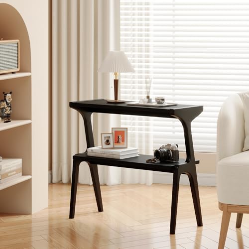 Solid Wood End Table | 2-Tier Side Table with Storage Shelf, Accent Slim Bedside Table for Sofa, Living Room, Bedroom, Small Space, Black - color: Black