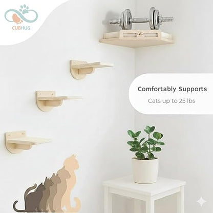 Cat Wall Shelves, Solid Wood Corner Bed, 3 Steps, Up to 25 lb, Wood | Cushion included; 2 washable covers, cotton and plush; secures across two walls - color: Natural Wood