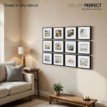 Gallery Perfect 12-Piece Black Photo Frame Set with Hanging Template - 12x12 Picture Frame Matted to 8x8 - Gallery Wall Kit - color: Black