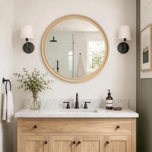 Round Wall Mirrors 24 Inch,Natural Bathroom Mirror with Wood Grain Frame | Decorative Transitional Rustic for Wall,Farmhouse Hanging Vanity Mirror for Bathroom Bedroom Living Room or Entryway - color: Natural B, size: 24"L x 24"W