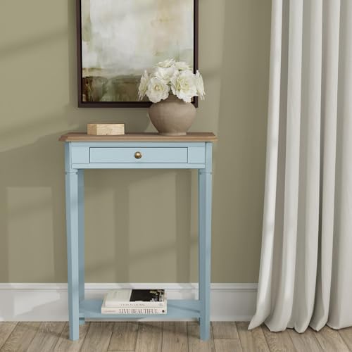 Marnie Blue Narrow Console Table for Entryway with Drawer | 23.75-inch slim hallway table with lower shelf, powder blue and natural wood finish, coastal furniture for small spaces - color: Powder Blue