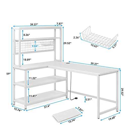 Tribesigns 55" Computer Desk Large Office Desk Study Table (All White) | L-Shaped Writing Desk Workstation with Hutch, Wireless Charging, Open Storage Shelves, and Movable CPU Stand for Home Office - color: All White