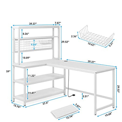 Tribesigns 55" Computer Desk Large Office Desk Study Table (All White) | L-Shaped Writing Desk Workstation with Hutch, Wireless Charging, Open Storage Shelves, and Movable CPU Stand for Home Office - color: All White
