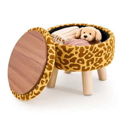 Wimarsbon Storage Ottoman, Modern Round Footrest with Soft Padded Seat, Pattern Velvet Footstool with Wood Legs, Accent Small Table or Plant Stand for Hallway, Living Room (Yellow) - color: Yellow
