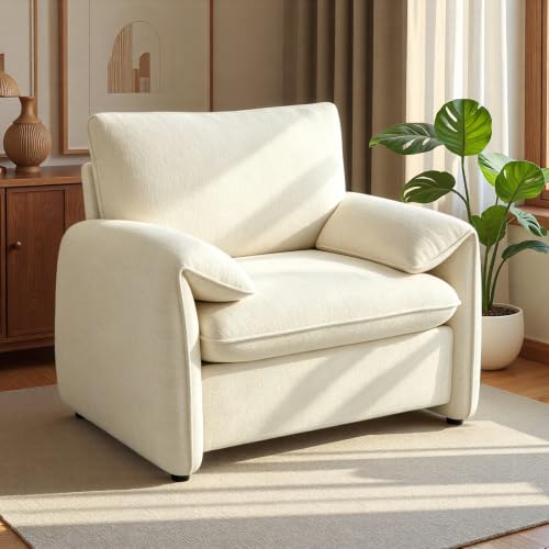 Oversized Accent Chair, 37" Chenille Armchair for Living Room, Beige | Comfy Upholstered Reading Chair, Chair and a Half, Modern Single Sofa Chairs for Bedroom, Nook, Apartment