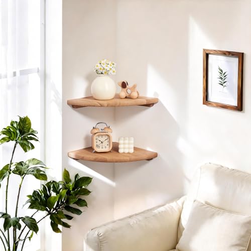 Gieanoo Floating Corner Shelves for Wall Set 2 9inch Solid Oak Rounded Corner Shelves Wall Mounted with Cable Hole Wood Corner Hanging Shelves for Living Room Bedroom Bathroom Kitchen - color: Natural, size: 9in 2-Pack