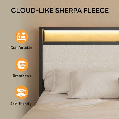 LIKIMIO Full Bed Frame with Headboard, LED Lights and Charging Station | Upholstered sherpa storage headboard with LED & charger; heavy-duty slats; noise-free; modern elegance; natural and cream - color: Natural and Cream, size: Full