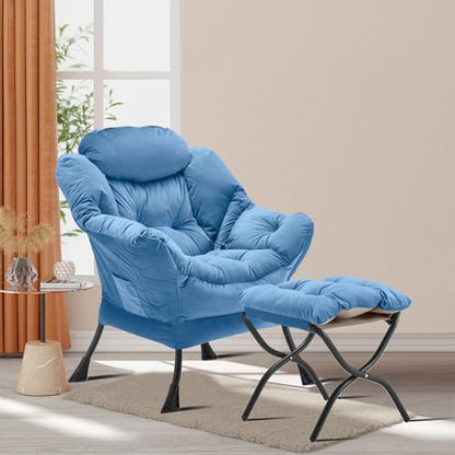 Youtanic Lazy Chair with Folding Ottoman, Accent Chair Velvet Upholstered with Metal Structure and Non-Slip Pads, Sofa Armchair with Footrest and Side Storage Bag for Dorm, Room, Office, Light Blue - color: Light Blue