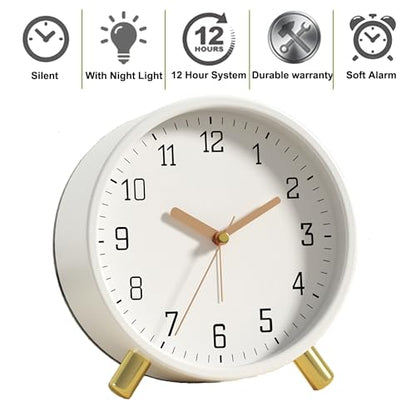 SHISEDECO Small Analog Alarm Clock, Battery Operated Desk Clock, White | Bedside Analog Non-Ticking Silent Small Deskclock Battery Operated for Living Room, Bedroom, Office - color: White