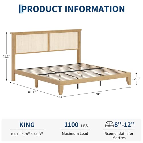 Garvee Bohemian King Rattan Bed LED Natural Headboard Bedroom | Bohemian king rattan bed with natural headboard, LED lights, solid wood frame. No box spring needed for bedroom use. - size: King(0 Drawers)