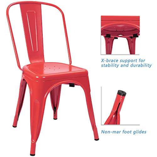 Devoko Metal Indoor-Outdoor Chairs Distressed Style Kitchen Dining Chairs Stackable Side Chair with Back Set of 4 (Red) - color: Red
