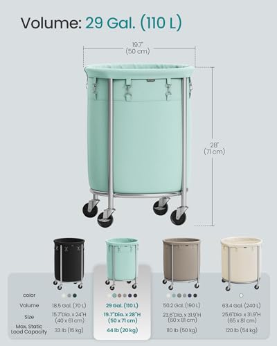 SONGMICS 29-Gallon (110 L) Laundry Basket with Wheels, Rolling Round Heavy-Duty Laundry Hamper Cart with Steel Frame and Removable Bag, 2 Locking Wheels, Mint Green and Metallic Silver URLS002C01 - color: Mint Green + Metallic Silver, size: 110 L (1-Secti
